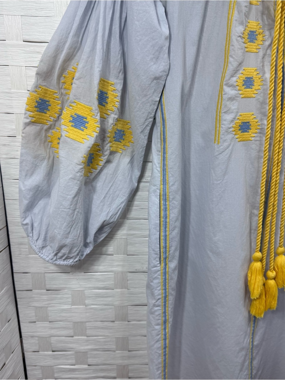 J Crew GALLABIA URBAN CASUAL Blue Yellow Embroidered Tunic Dress No Belt Size S - Picture 4 of 12